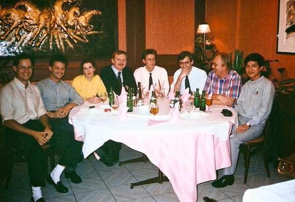 Celebration at completion of application training (Near Scitex Training Center, Nosseghem, 1989)
